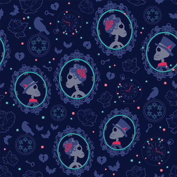 Whimsical Gothic Romance Seamless vector Pattern with Victorian Cameos Clocks Ravens and Roses