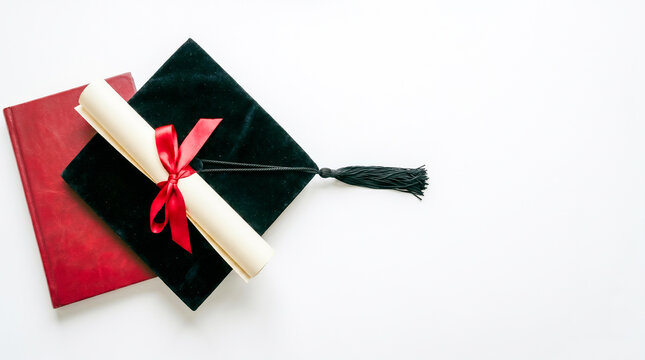 A simple flat lay of graduation essentials on a white background, featuring a graduation cap, a scroll tied with a red ribbon, and a red book.