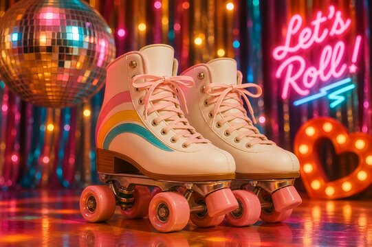 retro roller skates with pastel rainbow design on shiny disco floor with colorful lights disco ball and neon lets roll sign creating vibrant nostalgic roller disco atmosphere