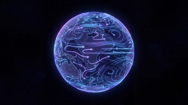 Super El-Nino 3D atmospheric visualization showing purple and blue glowing air currents over Earth