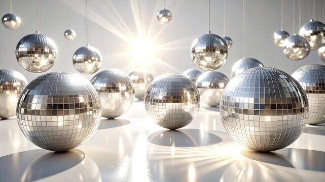 Reflective, tiled spheres reflect light in a bright, modern setting