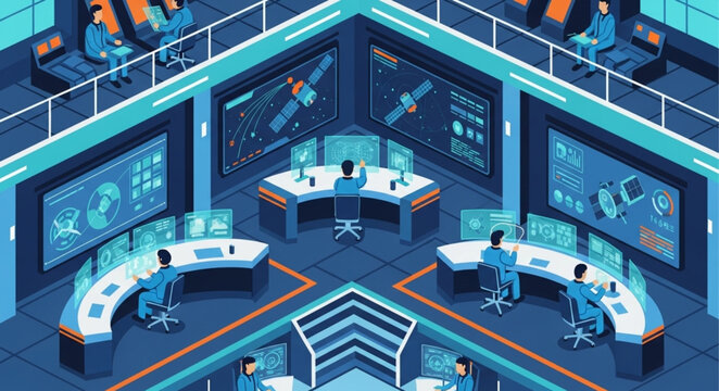Modern Control Room with Multiple Monitors and Technicians.