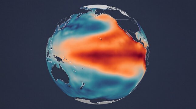 Super El-Nino 3D globe showing extreme ocean warming gradient across the Pacific region