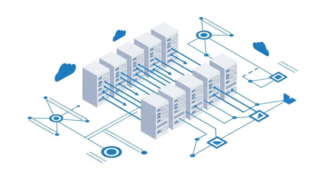 Modern Data Center Servers Connected in Network Diagram.
