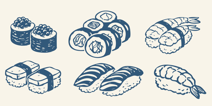 Vintage Sushi Set - Japanese Food Illustration with Rolls, Nigiri, Caviar and Shrimp in Retro Blue Line Art Style