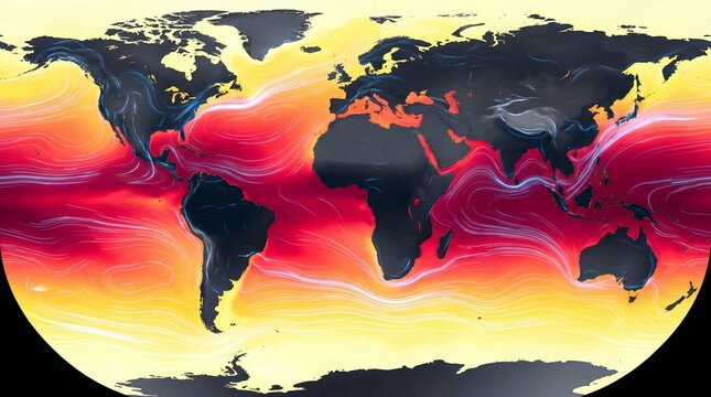 Super El-Nino conceptual high-tech global meteorological thermal map showing ocean heat currents