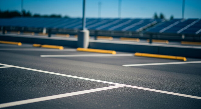 Open parking zone, solar panels as a blur background, offering clean copy space for impactful advertising or a dynamic hero banner concept