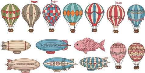 Hot Air Balloons and Airships Collection with Vintage Dirigibles Colorful Aerostats Travel Flat Vector Illustration Set © EdGe Creative