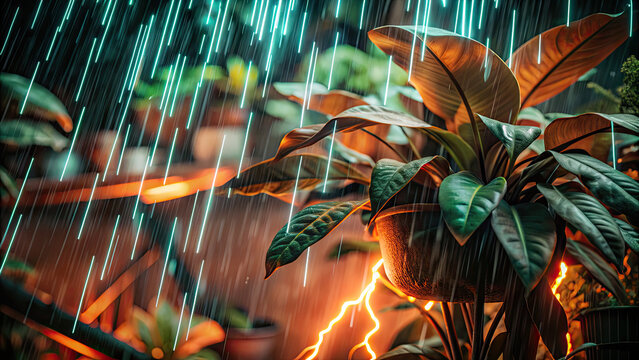 Rain and raindrops on glass window concept. Vibrant plant thriving under rain and lightning at night.