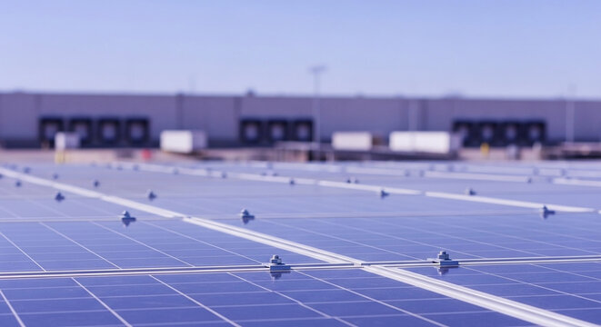 Modern Solar Panel Array on Rooftop with Blurred Warehouse Background for Copy Space - Ideal for Advertising Hero Banners