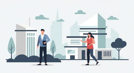 Fototapeta premium Two people walking in a modern city with tall buildings.