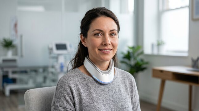 Patient wearing a futuristic smart collar for vocal synthesis therapy