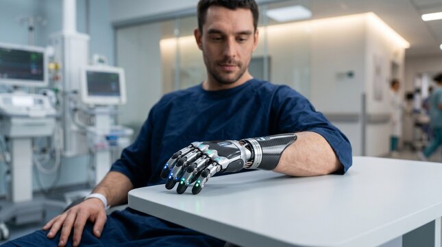 Patient with a sleek bionic hand featuring glowing biometric sensors