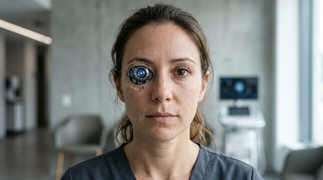 Close-up of a patient featuring a sleek cybernetic ocular implant