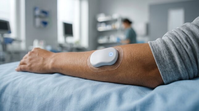 Futuristic sleek biosensor patch monitoring patient data on arm