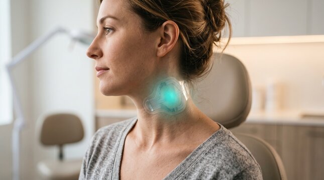 Futuristic sleek neural stimulation patch worn on a patient neck