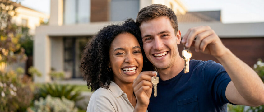 Smiling young diverse couple proudly holding up house keys in front of their new modern home in warm sunlight.