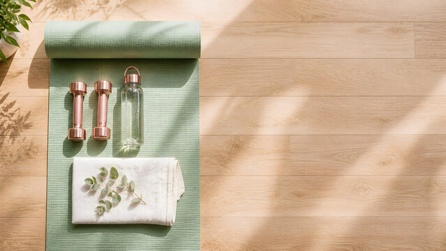 Minimalist home workout flat lay with sage green yoga mat, rose-gold dumbbells, and copy space on wooden floor