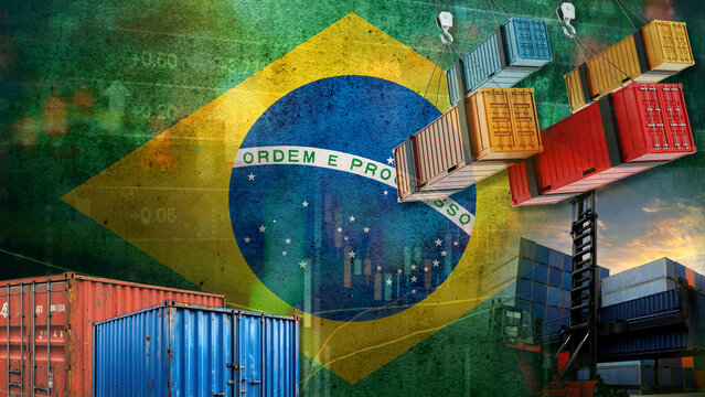 Complex geopolitical fluctuations are impacting Brazil's imports, exports, and maritime trade. This is illustrated by shipping containers, the Brazil flag, and industrial forklifts
