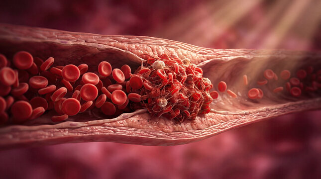 Blood clot thrombus blocking red blood cells stream artery concept. 3D illustration of blood cells flowing in a blood vessel.