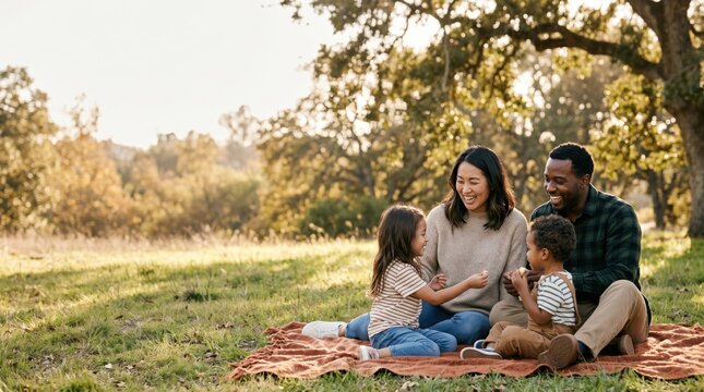 Happy multiracial family enjoying picnic outdoors in sunny park, parents and children laughing together on blanket, lifestyle and togetherness concept in nature