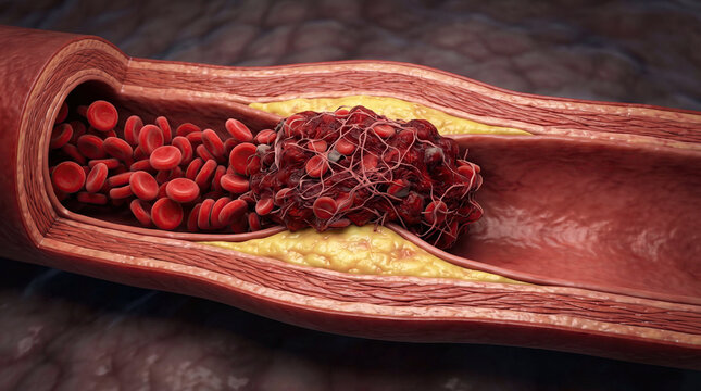 Blood clot thrombus blocking red blood cells stream artery concept. 3D rendering of a blood clot in a human artery.