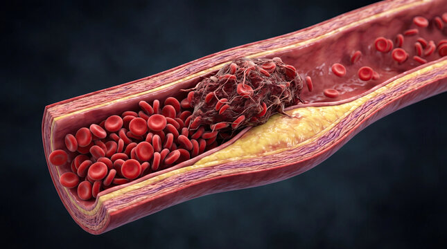 Blood clot thrombus blocking red blood cells stream artery concept. 3D rendering of blood clot in a human artery with red blood cells.