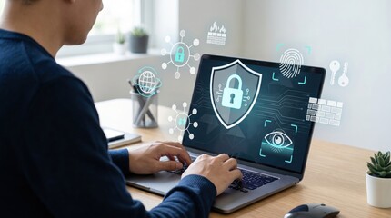 Obraz premium Cybersecurity concept with man working on laptop, digital shield and lock icons representing data protection.