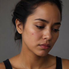 Fototapeta premium Intimate Portrait of a Woman with Imperfection Somber Studio Photography High Definition Close up Shallow Depth of Field Warm Beige Skin Tone Professional Headshot Subtle Acne Introspective Mood Dark