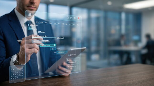 Business executive analyzing project management Gantt chart on futuristic holographic display, strategic planning timeline and agile development workflow visualization for