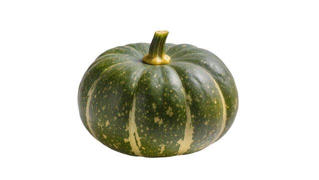 Green striped Kabocha squash with yellow streaks and a thick stem
