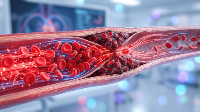 Blood clot thrombus blocking red blood cells stream artery concept. A detailed view of red blood cells flowing in a blood vessel.