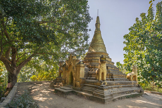 Scenic landscape view of burmese style buddhist stupa on top of Mainak hill above Adinath temple, Maheshkhali island, Cox's Bazar, Bangladesh