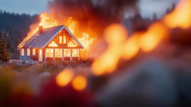 Burning Home: A house is engulfed in roaring flames, fire and smoke billow against the darkening sky, symbolizing destruction and the loss. 