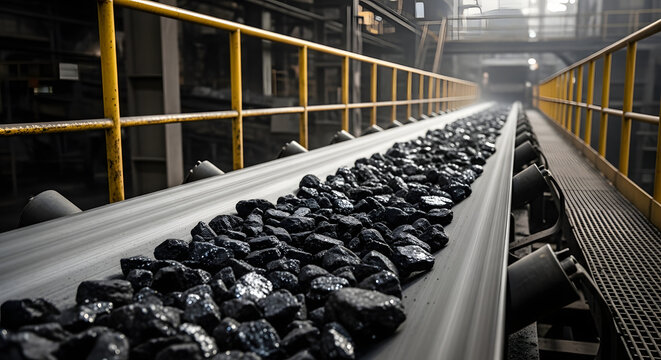 A conveyor belt transporting coal in an industrial environment with yellow handrails, coal mining industry. AI generated image