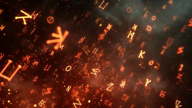 Floating letters in a dark space create a visual effect during a nighttime display of creativity and imagination