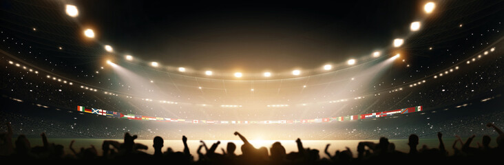 Football stadium with national flags at night with cheerful atmosphere. 