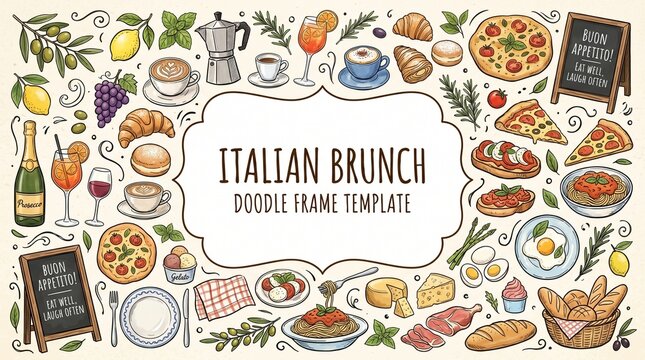 Italian brunch doodle frame template with food and drink illustrations.
