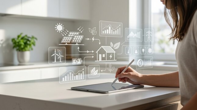 Woman using tablet to control smart home energy system, solar panels and wind power integration for eco-friendly house management and savings
