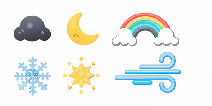 Colorful weather icons depicting clouds sun rainbow snow and wind