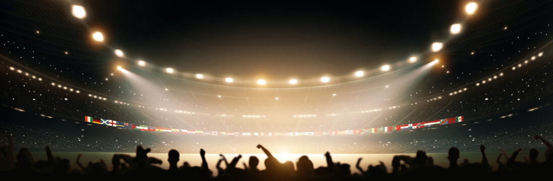 Football stadium with national flags at night with cheerful atmosphere.	