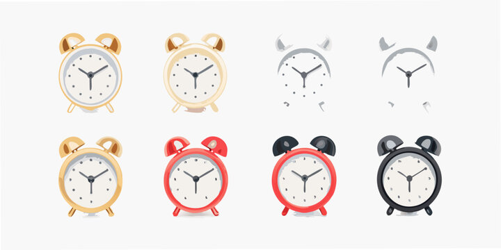 Collection of colorful and monochrome vintage alarm clocks displayed in a grid