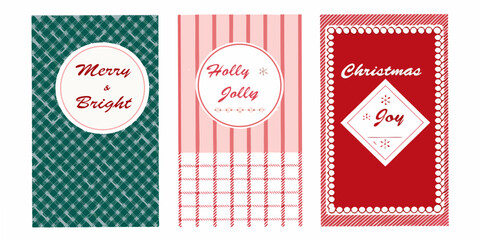 Three vintage christmas card designs with festive greetings and patterns © Poly