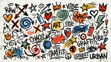 Naklejka premium Urban street art graffiti composition with text icons and spray paint cans.