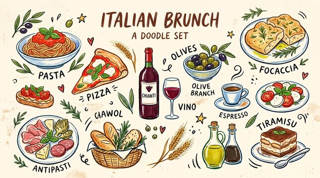 Italian brunch doodle set with pasta pizza wine and antipasti.