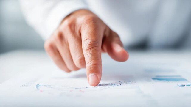 The Guiding Finger: A close-up shot of a hand, precisely pointing at an important piece of information on a business document, highlighting strategic analysis and meticulous attention to detail.