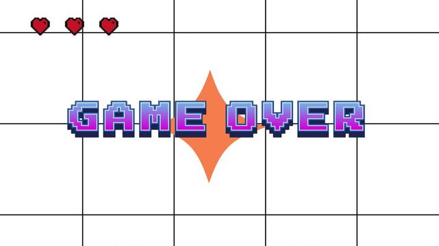 retro pixel game over text with glitch effect, with heart and orange star burst on white grid background, 4k video