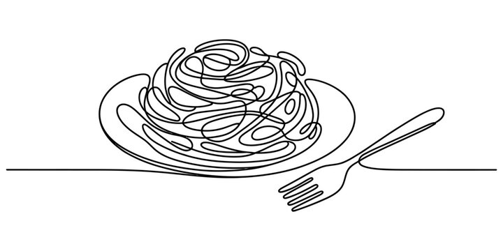 Continuous single line drawing of a plate of spaghetti pasta with a fork in a simple minimalist art style for food menu design Vector, illustration