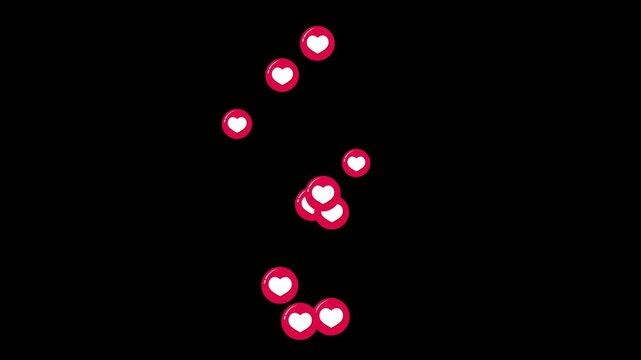 A motion graphic animation of red heart emojis floating up on a black and green screen background, expressing love and positive