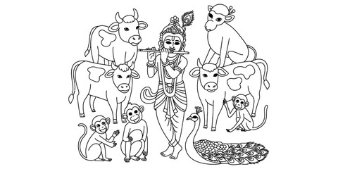 Lord krishna playing the flute surrounded by cows monkeys and a peacock in a traditional indian style line art illustration Vector, illustration © Creative_Outline2019